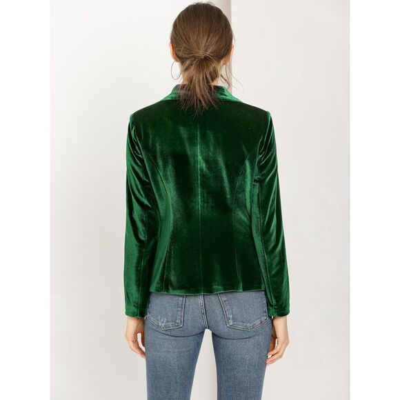 Women's Coat Solid Shawl Collar 1 Button Velvet Blazer Green - Picture 5 of 6